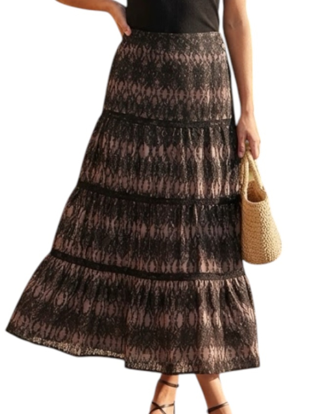 RIVER ISLAND Bohemian Y2K Festival Tiered Ruffle Maxi Skirt Black Brown Size M